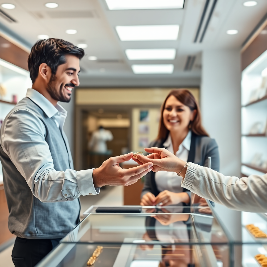 A photorealistic image showing a person handing a piece of gold jewelry to a representative at a jewelry counter. The representative is smiling and professional. The background is a clean and organized store setting. The overall image conveys ease, convenience, and transparency. The lighting should be bright and welcoming, creating a positive and reassuring atmosphere. Style: Friendly, Professional, Efficient.