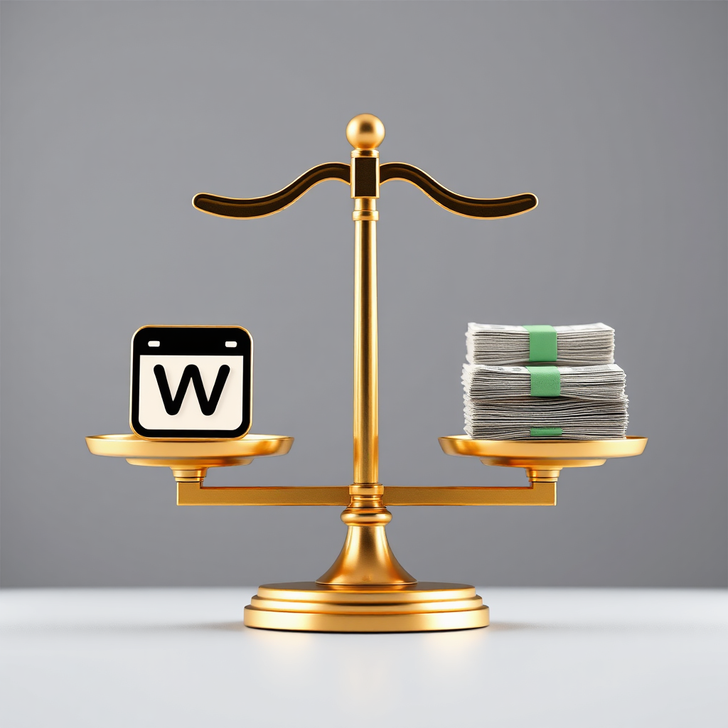 A set of balanced scales with a website icon on one side and a stack of money on the other side. The scale should be perfectly balanced, symbolizing the value for money. The website icon should be modern and professional-looking. The money should be neatly stacked. The lighting should be bright and even. The camera angle should be a close-up, focusing on the scales. Style reference: minimalist icon design. Technical specs: high-resolution, detailed rendering.