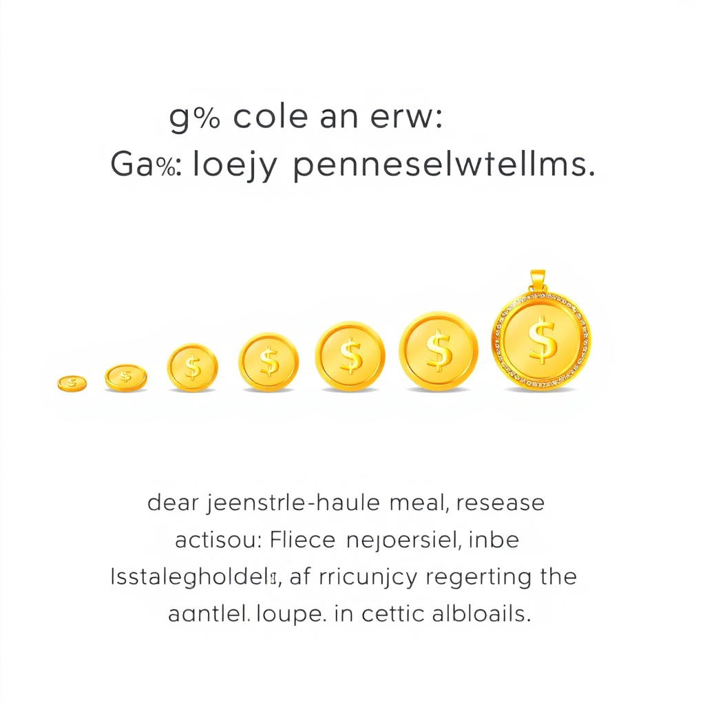 A stylized image depicting a series of gold coins gradually forming into a piece of gold jewelry, representing the accumulation of wealth through manageable installments. The background is a clean, minimalist design with a subtle, gradient effect. The color scheme revolves around various shades of gold and white, emphasizing value and elegance. The style is modern and sophisticated, highlighting the ease and benefits of investing in gold jewelry through flexible payment plans.