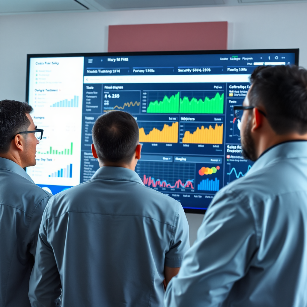 A team of technicians monitoring a website's performance on a large screen. The screen should display graphs and charts showing website traffic, uptime, and security metrics. The lighting should be bright and professional. The camera angle should be a medium shot, showing the entire team and the screen. Style reference: corporate photography. Technical specs: 4K resolution, detailed rendering.