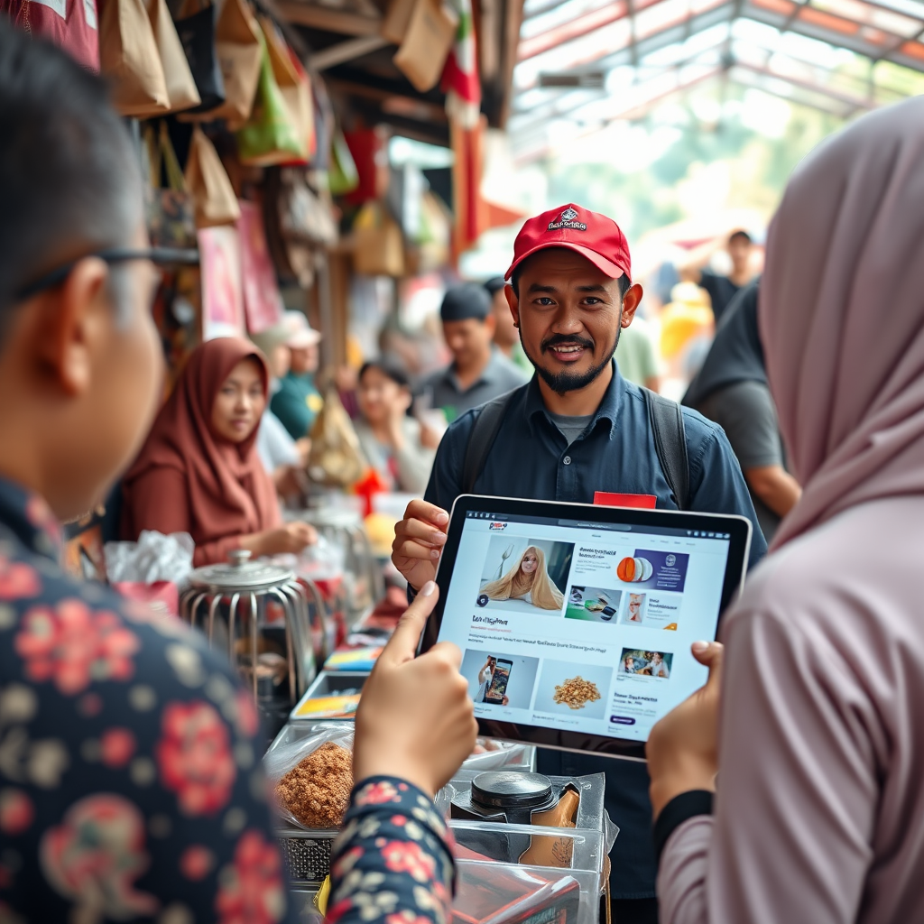 A vibrant marketplace scene with various small business owners (UMKM) proudly displaying their products. One owner is showcasing their website on a tablet to potential customers. Focus on the tablet screen and the products. Style: Realistic, lively, Indonesian culture. Technical specs: 4K resolution, photorealistic.