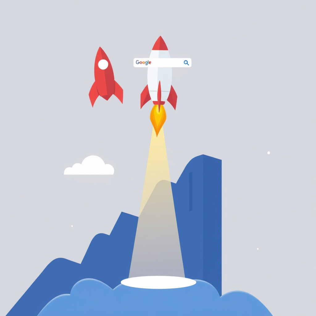 A website being boosted to the top of search engine results. Use visual metaphors like a rocket ship launching upwards or a spotlight highlighting the website. The Google logo can be subtly included. Style: Abstract, SEO-focused, infographic. Technical specs: 4K resolution, vector illustration.