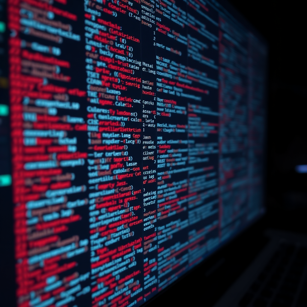 Lines of code scrolling down a computer screen, interspersed with icons representing different programming languages. The code should be well-formatted and visually appealing. The lighting should be dim and dramatic. The camera angle should be a close-up, focusing on the code. Style reference: cyberpunk, coding aesthetic. Technical specs: 4K resolution, high-quality rendering.