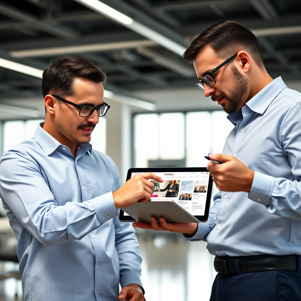 Two professionals brainstorming over a tablet displaying website mockups. They are in a brightly lit, modern office space. One is pointing at a detail on the screen while the other is taking notes. Focus on the tablet screen displaying the website design. Style: Clean, corporate, collaborative. Technical specs: 4K resolution, photorealistic.