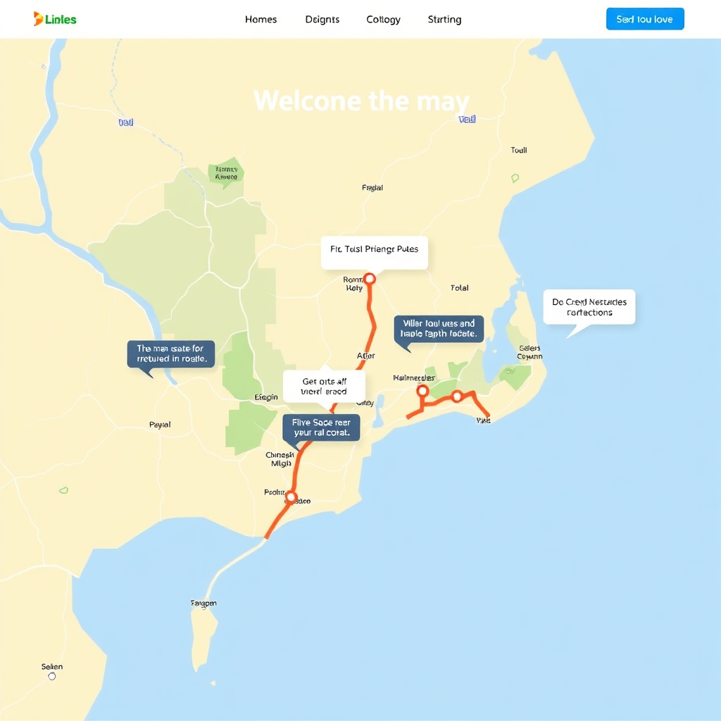 A clean and intuitive website interface depicted as a well-organized map with clear signposts and routes. The map guides users to different sections of the website seamlessly. The color palette is bright and inviting, with clear visual cues. The style is minimalist and user-centric.
