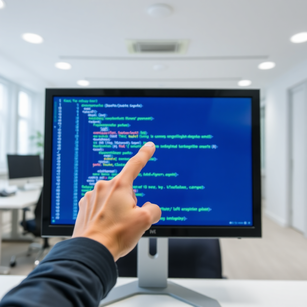 A clean, minimalist image of a crossed-out line of code displayed on a computer screen, with a hand pointing to the screen with a smile, indicating an easy-to-use interface. The background is a blurred, modern office space. Lighting is bright and even. The color palette is clean and professional, emphasizing blues and greens. The camera angle is a medium shot, capturing the screen and the hand.