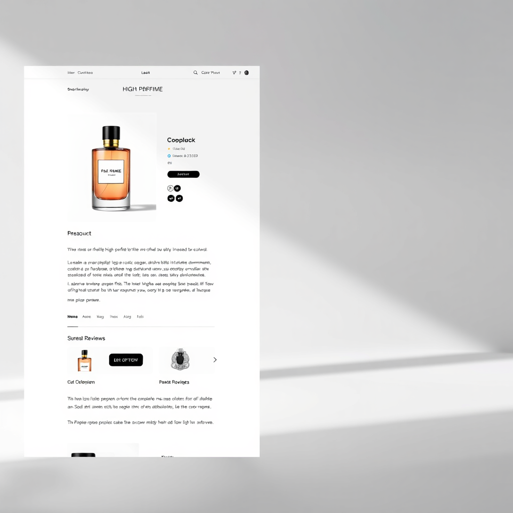 A clean, well-designed product page showcasing a high-end perfume bottle. The page features multiple angles of the product, a detailed description, customer reviews, and clear call-to-action buttons. The layout is responsive and adapts seamlessly to different screen sizes. The color scheme is elegant and complements the product's branding. Lighting is soft and even, highlighting the product's features. Style references: minimalist ecommerce design, Apple product page aesthetics. 4K resolution, high quality.