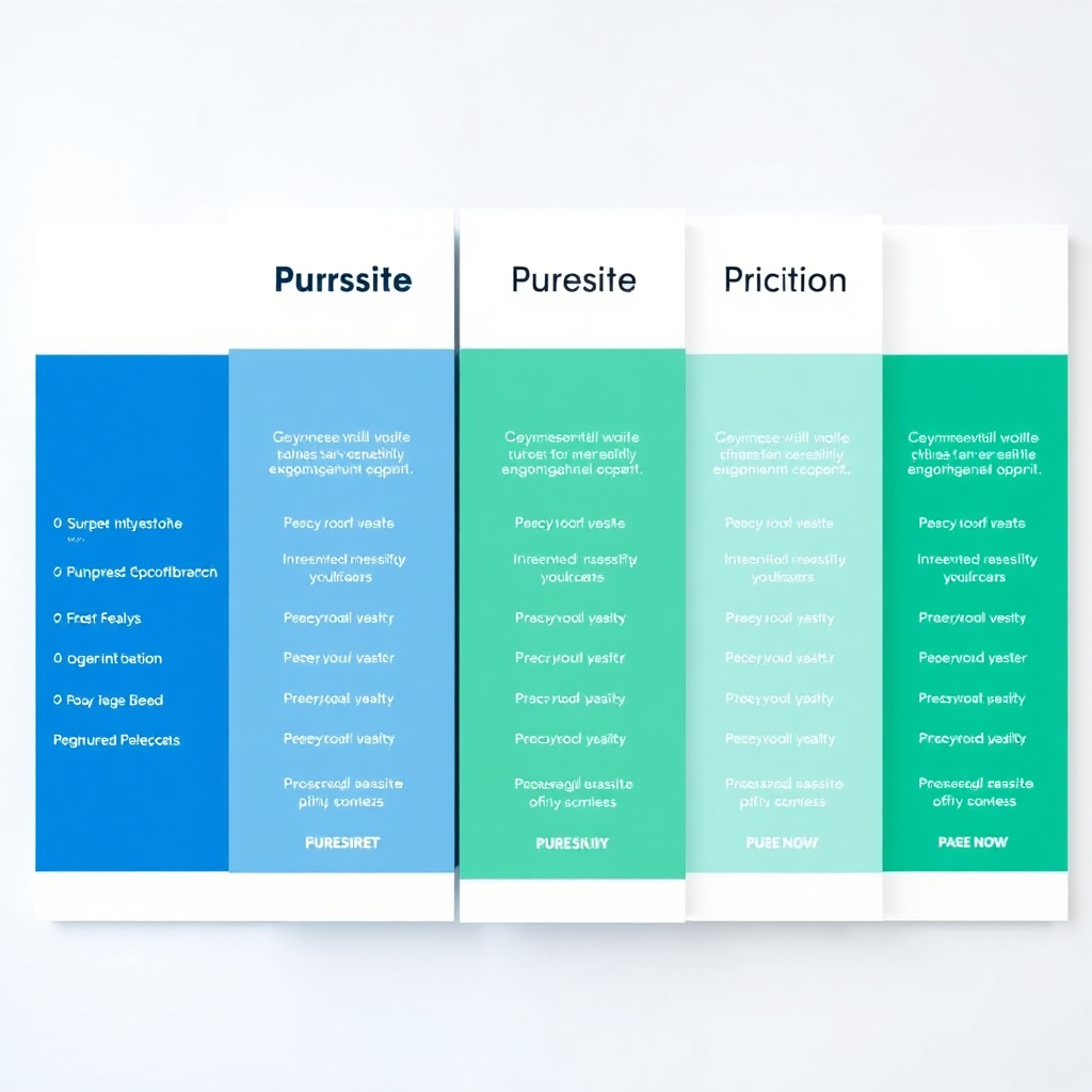 A clean, well-organized table showcasing different PureSites pricing plans with clear feature comparisons. Each plan is visually distinct with different background colors. The background is a modern, minimalist design with subtle geometric patterns. Lighting is bright and even. The color palette is professional and trustworthy, utilizing blues, greens, and grays. The camera angle is a direct overhead shot, ensuring all details are easily readable. The table should be easily digestible and visually appealing.