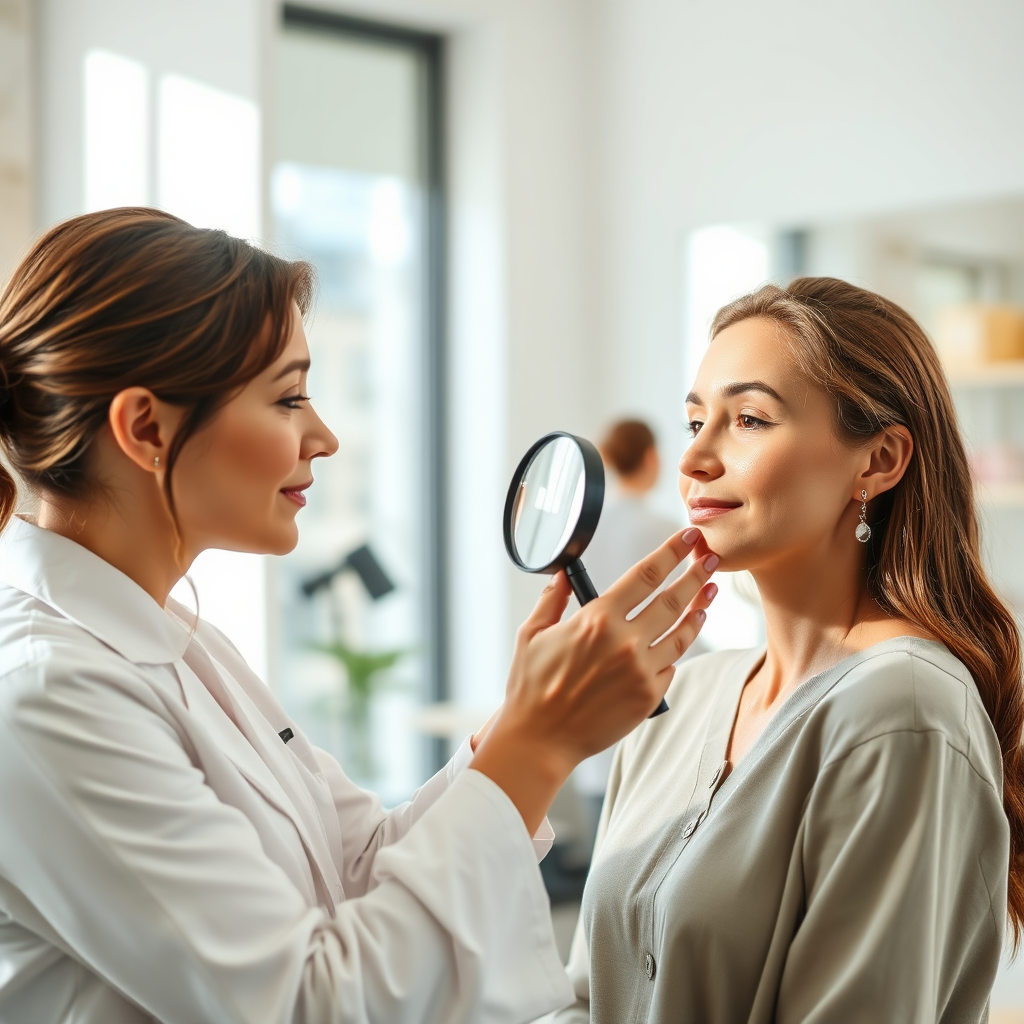A close-up shot of a beauty consultant providing personalized skincare advice to a client. The consultant is holding a magnifying glass and examining the client's skin. The client appears relaxed and attentive. The background is a clean, modern salon environment. Soft, natural lighting creates a warm and inviting atmosphere. 4K resolution, high quality.