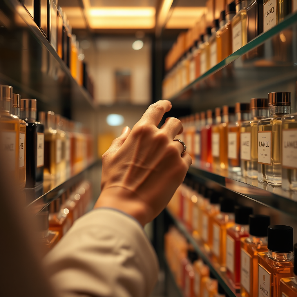 A close-up shot of a hand carefully selecting a perfume bottle from a shelf filled with various options. The background is softly blurred to emphasize the act of choosing. The lighting is warm and inviting. The hand is elegant, perhaps adorned with a simple piece of jewelry. Style: High-end retail, focus on detail. Technical Specs: 4K, photorealistic.