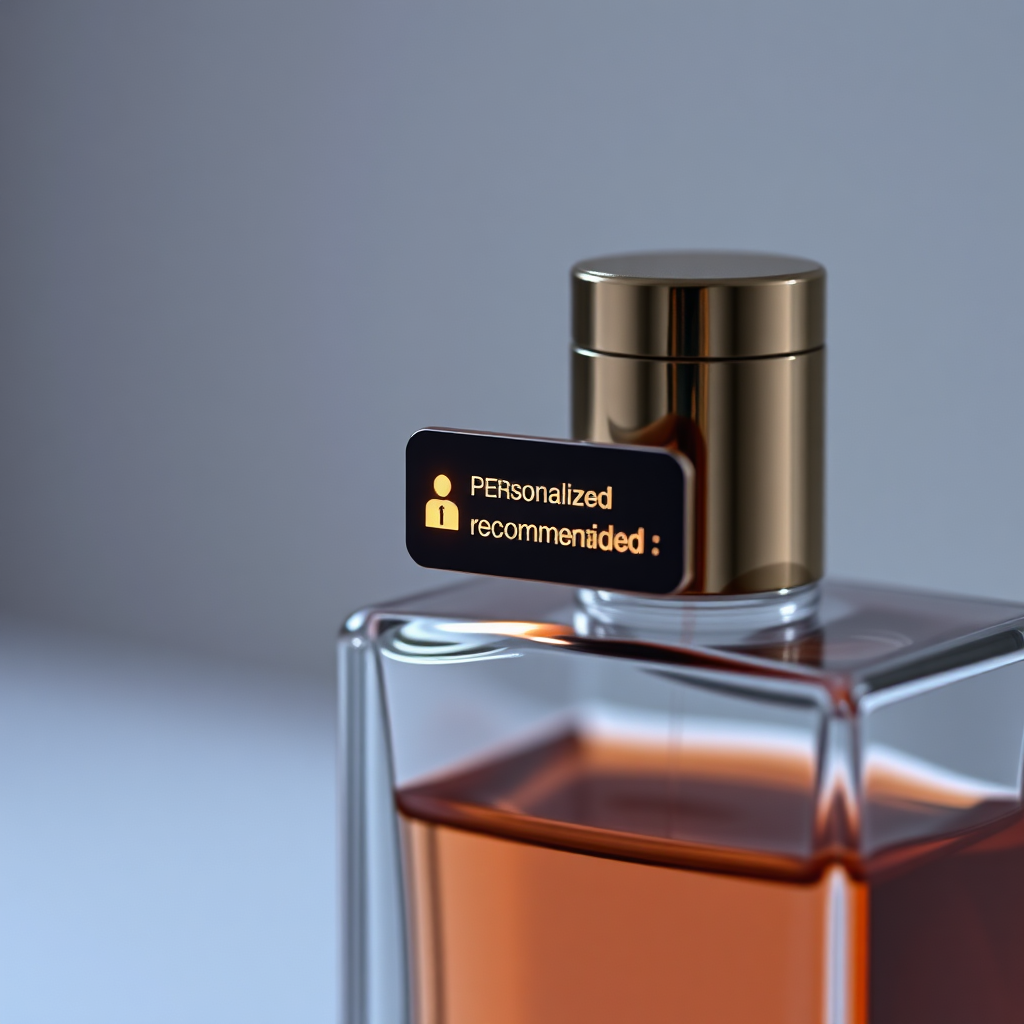 A close-up shot of a perfume bottle with a small, glowing notification icon above it, indicating a personalized recommendation. The background is softly blurred to focus on the bottle and the notification. The lighting is subtle and elegant. The overall feel is exclusive and tailored. Technical Specs: 4K, photorealistic, high-quality rendering.
