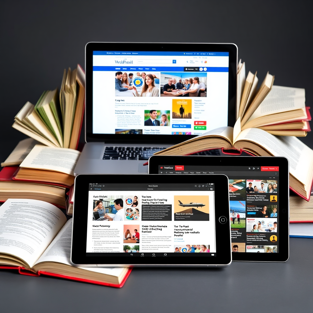 A collection of open books, tablets, and laptops with website related content displayed on the screen. The image should display a colorful blog of various topics to read.