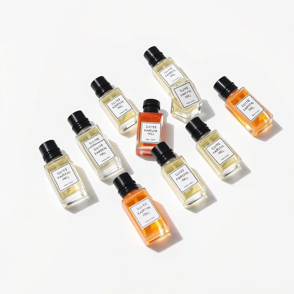 A collection of small perfume sample vials artfully arranged on a clean, minimalist background. Each vial is labeled with the name of the fragrance. The lighting is bright and clear, emphasizing the detail of each vial. Technical specs: 4K resolution, macro photography.