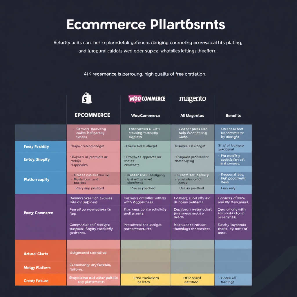A comparison chart highlighting the features and benefits of various ecommerce platforms, such as Shopify, WooCommerce, and Magento. The chart is visually appealing and easy to understand, with clear explanations of each platform's strengths and weaknesses. The design is professional and data-driven. Style references: comparison charts, platform reviews. 4K resolution, high quality.