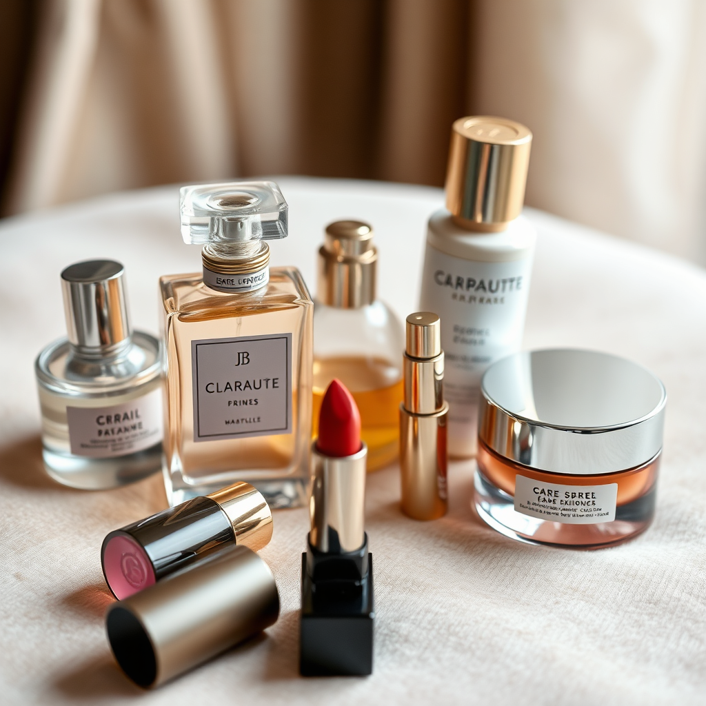 A curated selection of beauty products (perfume, lipstick, skincare cream) arranged artfully on a luxurious surface. The products are from different brands but share a common aesthetic of elegance and quality. Soft, diffused lighting highlights the textures and colors of each item. The background is blurred, focusing attention on the products themselves. 4K resolution, high quality.