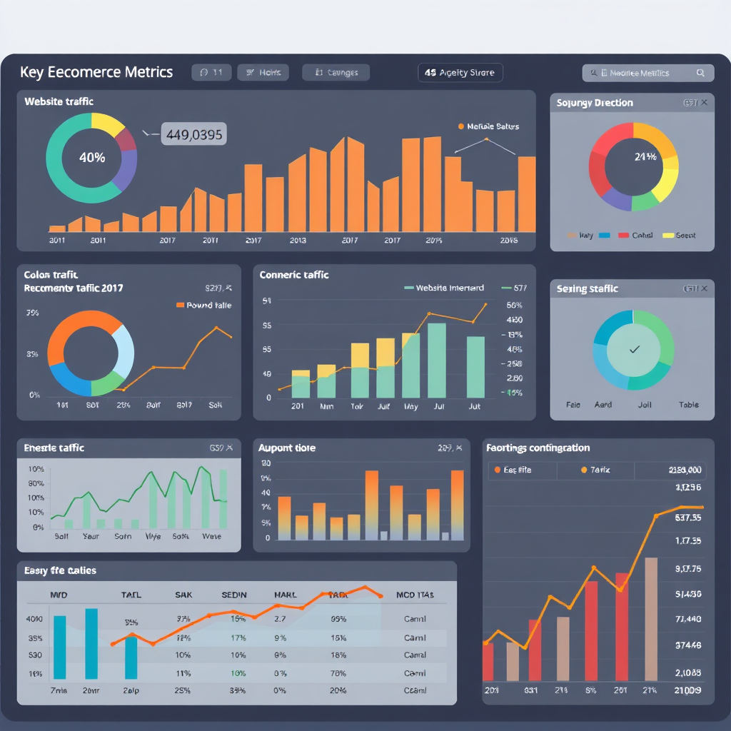 A dashboard displaying key ecommerce metrics, such as website traffic, conversion rates, and sales figures. The dashboard is visually appealing and easy to understand, with charts, graphs, and tables presenting data in a clear and concise manner. The color scheme is professional and data-driven. Style references: data visualization, business intelligence dashboards. 4K resolution, high quality.