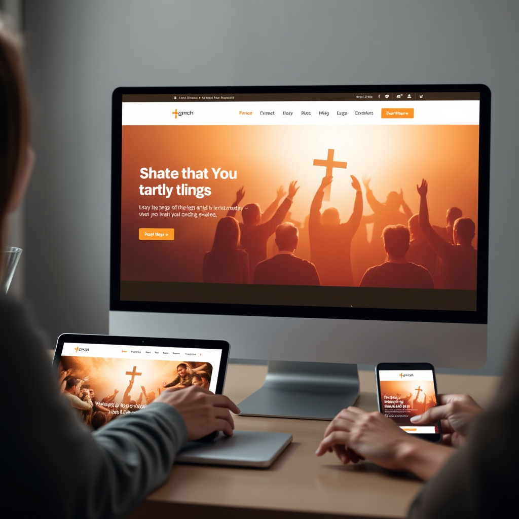 A designer working on a church website layout, with a focus on elements like a prominent cross logo, clear navigation, and impactful imagery of the congregation. Modern, clean design, showcasing responsiveness on different devices. Warm, inviting color palette.