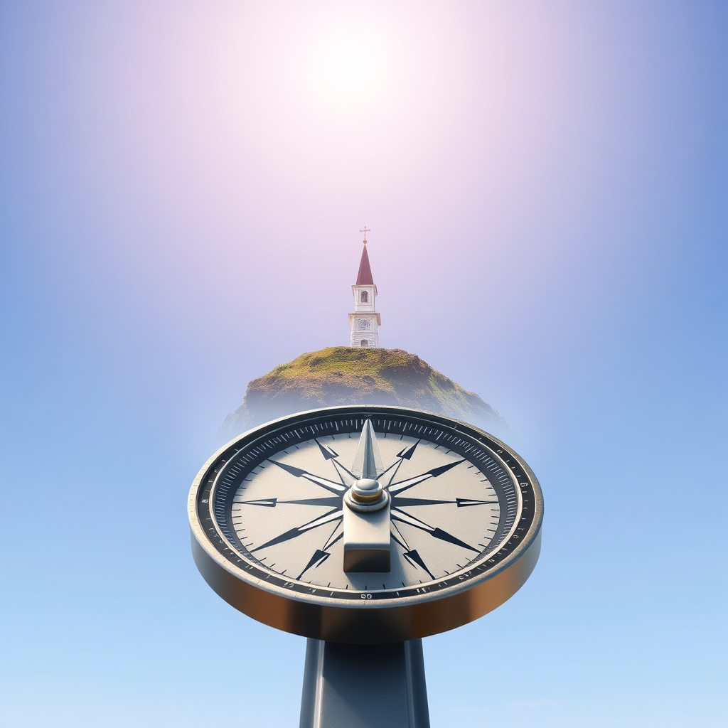 A digital compass pointing towards a church steeple on top of a hill, symbolizing guidance and direction. The sky above is clear and bright, representing clarity and success. The overall scene should convey a sense of purpose and direction.