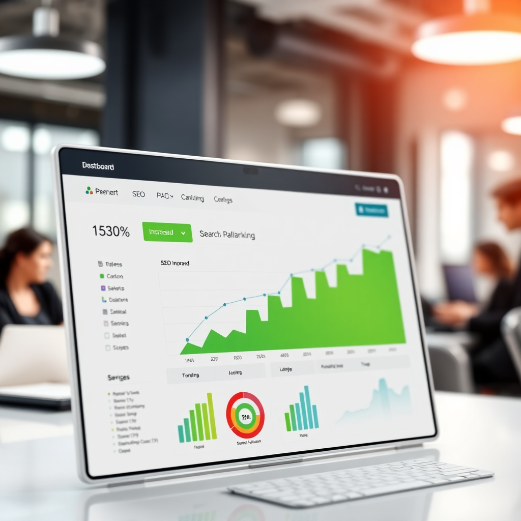 A dynamic, photorealistic image showcasing a website dashboard with a prominent SEO optimization panel. Graphs and charts indicate improved search engine rankings. The background is a blurred office environment with team members collaborating. Lighting is bright and focused on the dashboard. The color palette uses greens and blues to represent growth and trust. The camera angle is a slightly angled medium shot capturing the dashboard and a portion of the surrounding environment. The image should evoke a sense of achievement and progress.