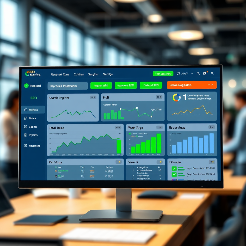 A dynamic, photorealistic image showcasing a website dashboard with charts and graphs illustrating improved search engine rankings. The dashboard features key SEO metrics and optimization suggestions. The background is a blurred office environment with team members collaborating. Lighting is bright and focused on the dashboard. The color palette uses greens and blues to represent growth and trust. The camera angle is a slightly angled medium shot capturing the dashboard and a portion of the surrounding environment.