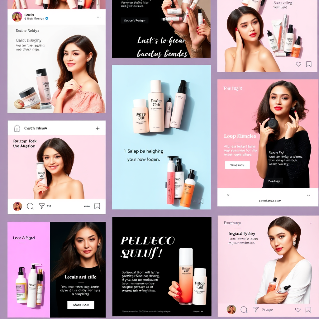 A dynamic social media feed featuring visually appealing posts promoting beauty products. The posts include high-quality images, engaging captions, and relevant hashtags. Influencer collaborations are highlighted, showcasing authentic product reviews. The overall aesthetic is consistent with the brand's identity. Lighting is vibrant and eye-catching. Style references: Instagram marketing, social media advertising. 4K resolution, high quality.