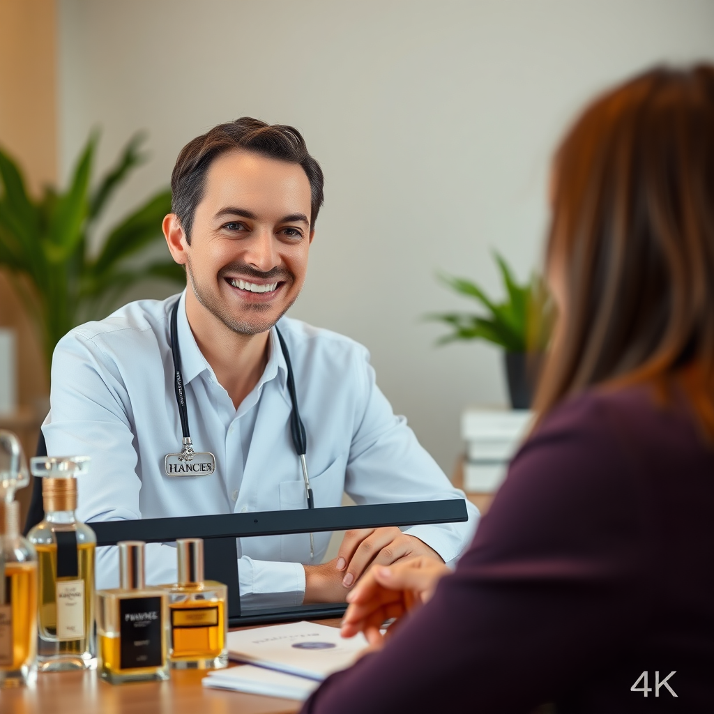 A friendly and professional-looking consultant smiling while interacting with a customer via video call. The consultant is surrounded by perfume bottles and reference materials. The customer is visibly engaged and happy. The overall feel is warm and inviting. Technical specs: 4K resolution, natural lighting.