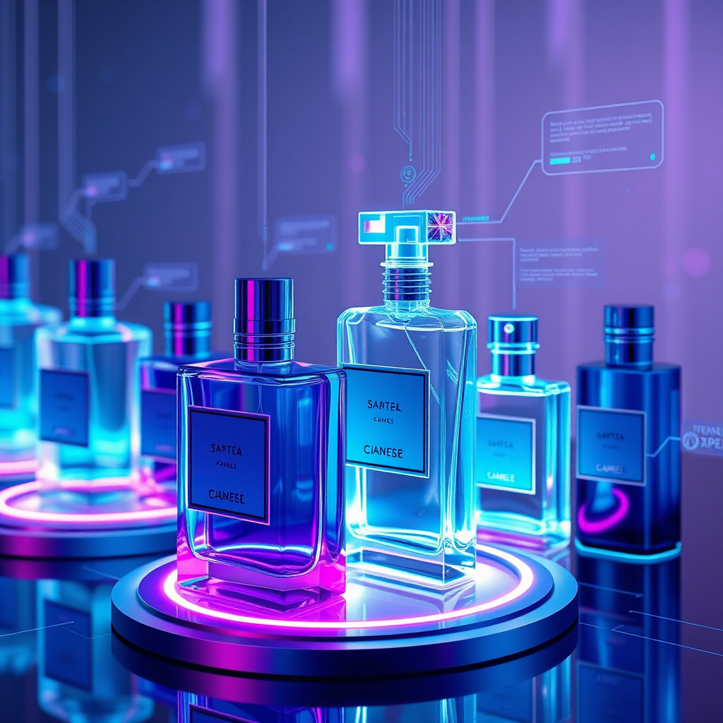 A futuristic image depicting perfume bottles with holographic effects and an AI interface suggesting scents. Use a cool, modern color palette with blues and purples.