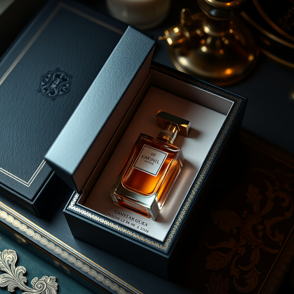 A high-angle shot of a beautifully packaged perfume box being opened, revealing a stunning perfume bottle inside. The packaging is luxurious and elegant, with intricate details and high-quality materials. The lighting is dramatic and highlights the opulence of the scene. Style: Luxury product photography. Technical Specs: 4K, photorealistic, sharp details.