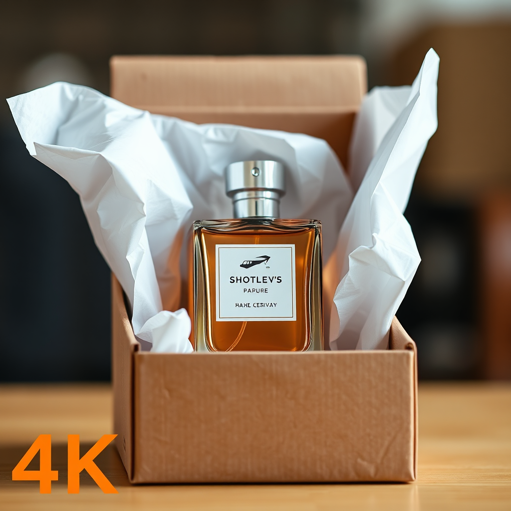 A perfume bottle elegantly placed inside a shipping box, surrounded by protective packaging materials. The box is labeled with a recognizable shipping company logo. The background is blurred to focus on the product and packaging. The lighting is bright and emphasizes the speed and efficiency of delivery. Style: Product photography. Technical Specs: 4K, photorealistic, clear details.
