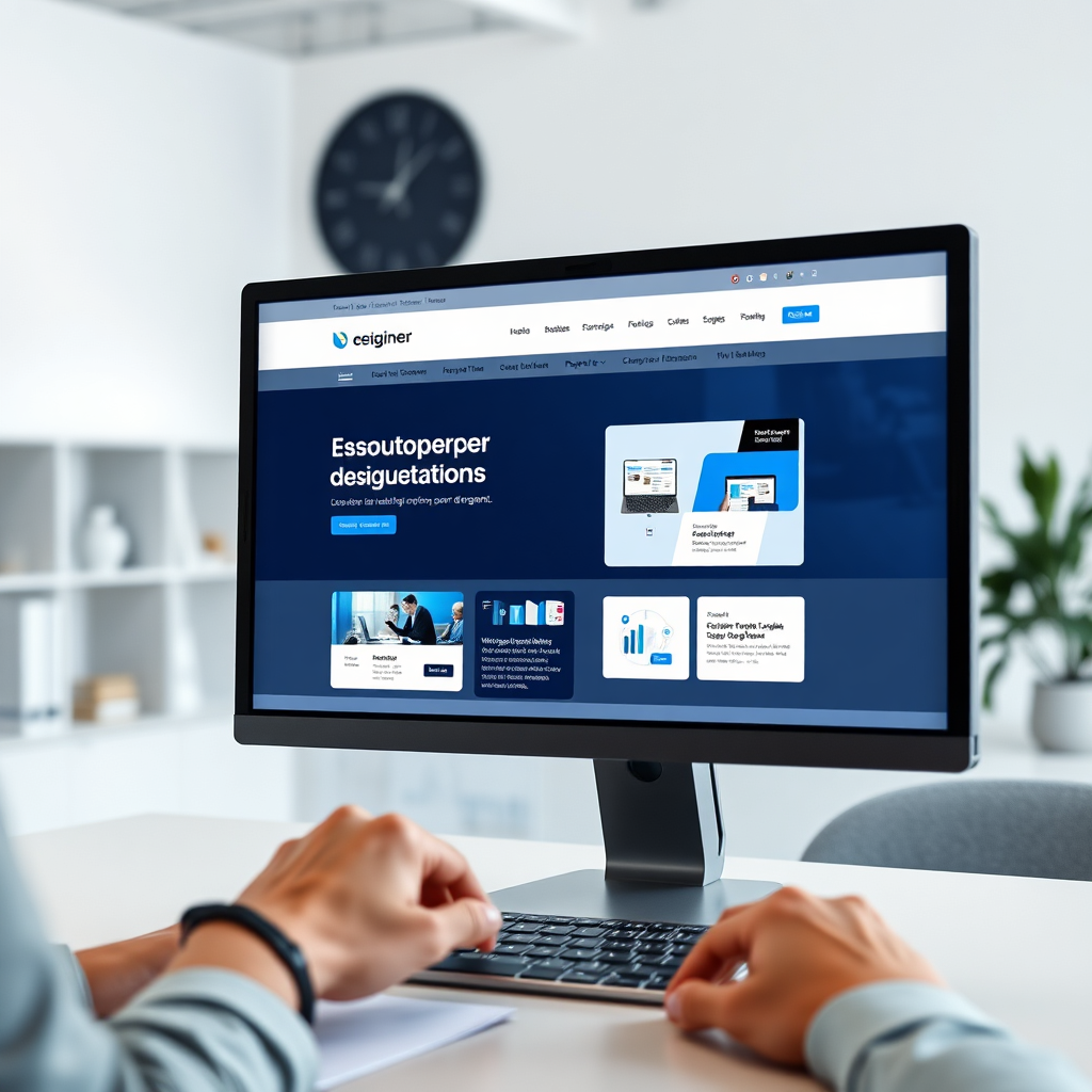 A photorealistic image depicting a sleek and modern website design interface on a computer screen, showcasing various design elements like layout, color palette, and typography. A designer's hands are subtly visible, working on the interface. The background is a clean, minimalist office setting. The color palette is modern and professional, with blues, grays, and whites.