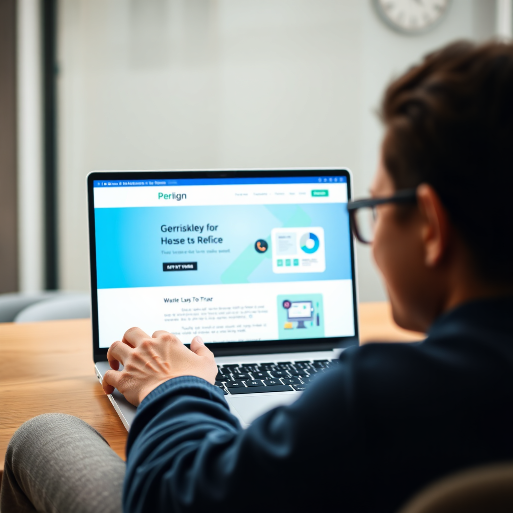 A photorealistic image of a customer viewing a company's website on a laptop. The website design is clean, modern, and visually appealing. The user's expression conveys interest and satisfaction. The background is blurred, focusing attention on the laptop screen. The lighting is soft and natural. Color palette should be modern and inviting with blues and greens.