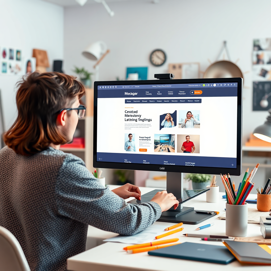 A photorealistic image of a designer working on a website mockup on a large monitor, with various design tools and resources surrounding them. The website design on the screen should be modern and visually appealing. The background is a bright, creative workspace. Lighting is soft and even. The color palette emphasizes creativity and innovation, with a mix of vibrant and muted tones. The camera angle is a medium shot, capturing the designer and the monitor.