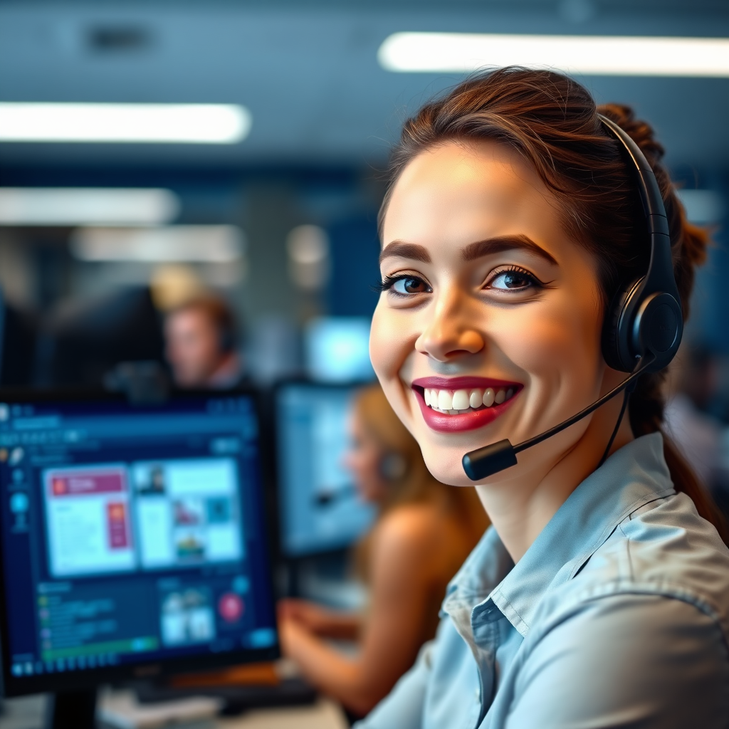 A photorealistic image of a friendly support agent wearing a headset and smiling warmly. The background shows a blurred, modern office with other support team members. Lighting is soft and inviting, creating a sense of trust and reliability. The agent is sitting in front of multiple monitors showing dashboards and chat windows. The colors are professional and calming, featuring blues and grays. The camera angle is a close-up shot, focusing on the agent's face and the headset.
