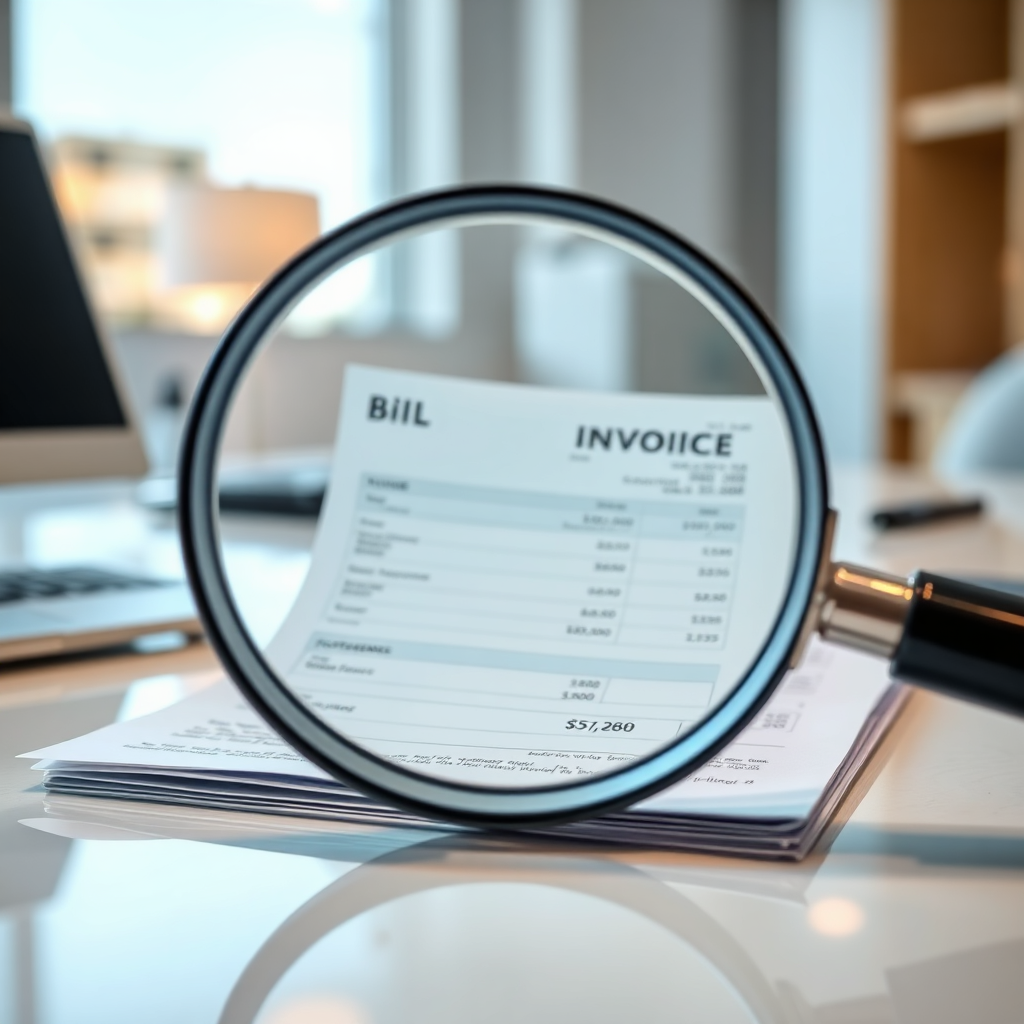 A photorealistic image of a magnifying glass hovering over a bill or invoice, clearly revealing the itemized costs with no hidden or obscured details. The bill is on a clean, modern desk. The lighting is bright and focused on the bill. The color palette is professional and trustworthy, utilizing blues and grays. The camera angle is a close-up shot, emphasizing the transparency of the pricing.