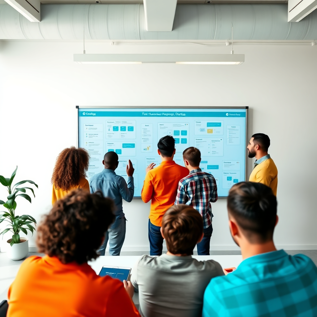 A photorealistic image representing the core mission of CorporateEdge – empowering businesses through exceptional website design. The scene features a diverse team of developers and designers collaborating around a large digital whiteboard displaying website wireframes and user flow charts. The atmosphere is bright, creative, and collaborative, with a focus on problem-solving and innovation. The color palette is a mix of vibrant blues, greens, and oranges against a clean white backdrop. Camera angle: eye-level, capturing the team's engagement and collaborative spirit. Texture details: crisp rendering of the digital whiteboard, the tactile feel of design prototypes, and the subtle textures of the team's clothing. Style reference: modern tech company photography with a focus on human connection. Technical specs: 4K resolution, high quality.