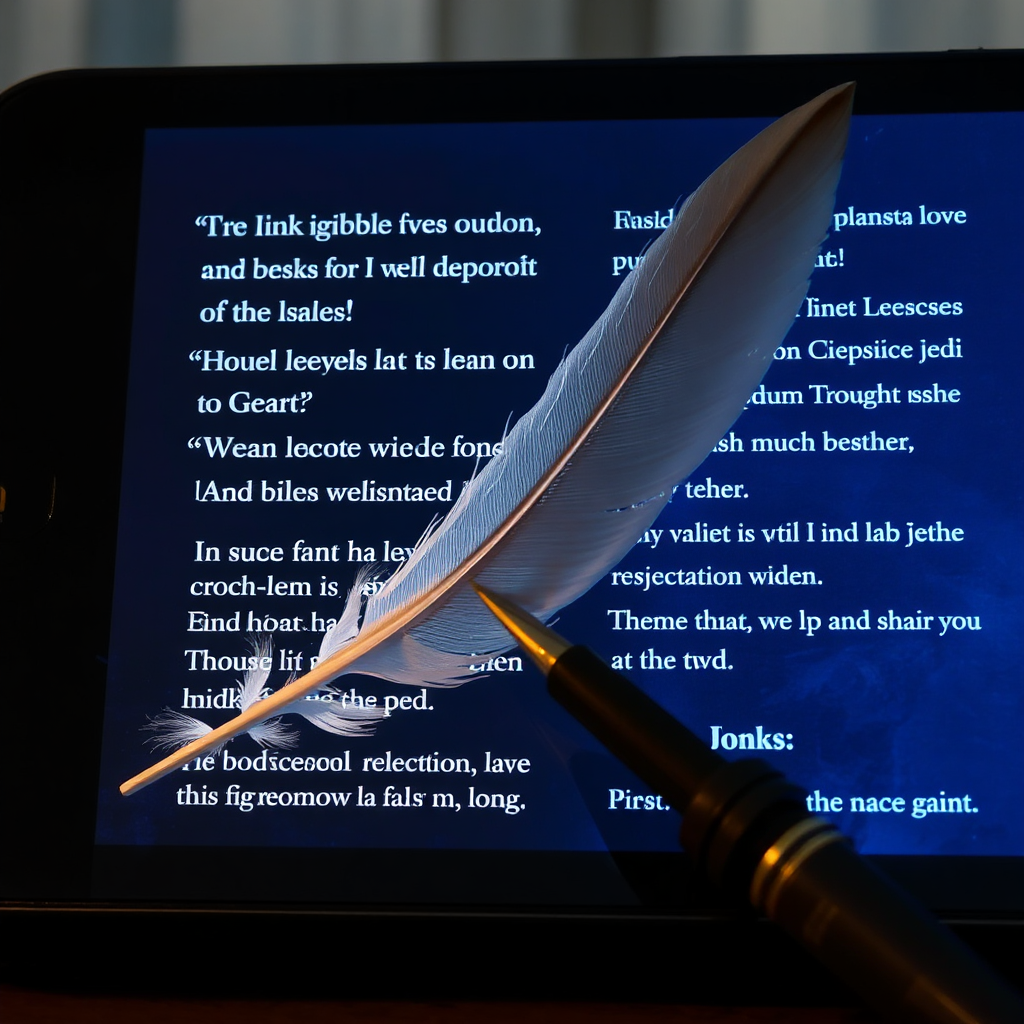 A quill pen writing flowing text over a digital screen displaying Bible verses and thoughtful reflections. Soft, ethereal lighting. The image should evoke a sense of inspiration and spiritual connection.