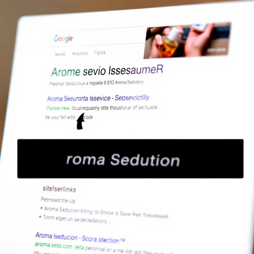 A search engine results page (SERP) highlighting Aroma Seduction's website as the top result for relevant keywords. The website listing includes a compelling title tag, meta description, and sitelinks. The overall aesthetic is clean and professional. Style references: SEO marketing, search engine optimization. 4K resolution, high quality.