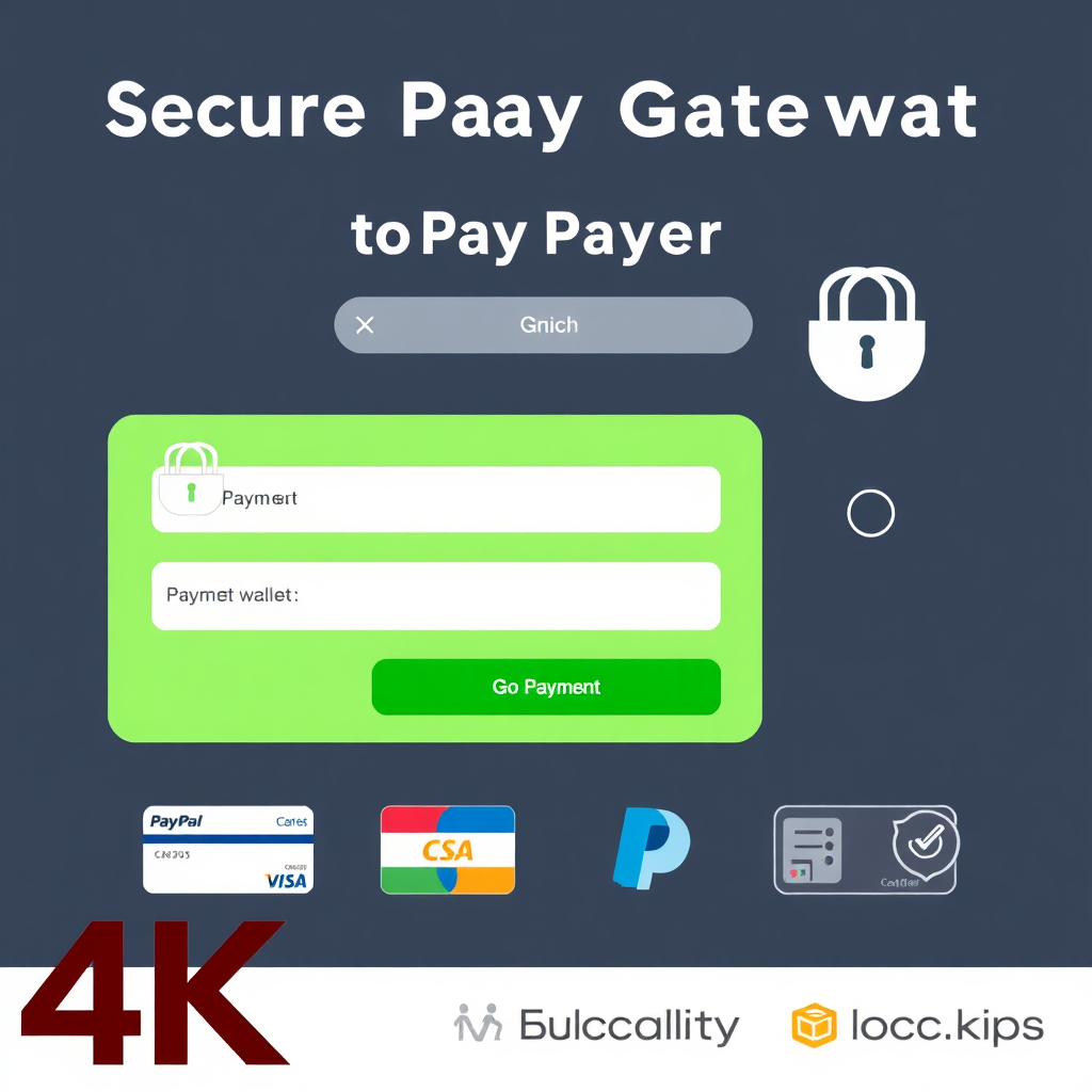 A secure payment gateway interface featuring various payment options, such as credit cards, PayPal, and digital wallets. The interface is clean and professional, with clear indications of security and encryption. The design is user-friendly and trustworthy. Style references: payment processing, security certificates. 4K resolution, high quality.