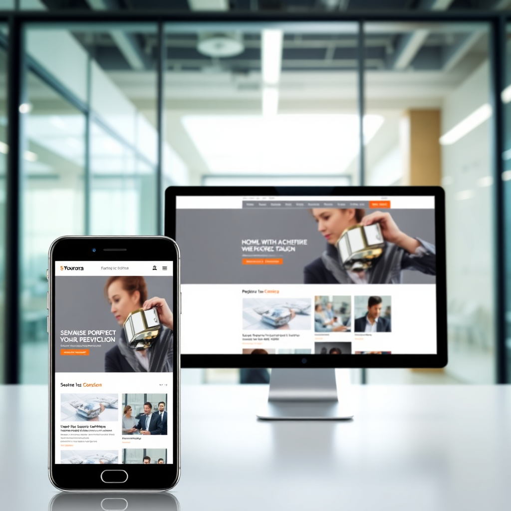 A split-screen image showing a website displayed seamlessly on both a mobile phone and a desktop computer. The website design is responsive and adapts perfectly to each screen size. The background is a modern office environment. The lighting is bright and professional. Color palette is modern and corporate.