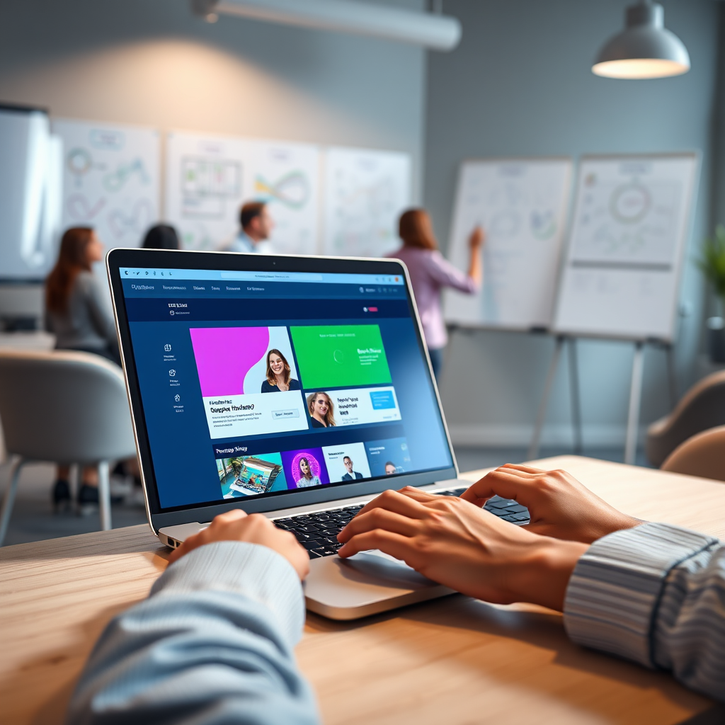 A stunning, photorealistic 8K resolution image showcasing the power of PureSites. The scene depicts a sleek, modern laptop displaying a vibrant website design interface. Hands hover over the keyboard and touchpad, subtly suggesting ease of use. The background features a blurred, collaborative workspace with diverse individuals brainstorming ideas on whiteboards covered in diagrams and wireframes. Lighting is soft and diffused, creating a warm, inviting atmosphere. The color palette emphasizes blues, greens, and purples to convey innovation and creativity. Camera angle is a slightly elevated medium shot, capturing the laptop and the surrounding environment. Add subtle textures like brushed aluminum on the laptop and soft fabric on the chairs. Style reference: blend of Apple product photography and contemporary office spaces. Hyperrealistic details are crucial to achieving maximum visual impact.