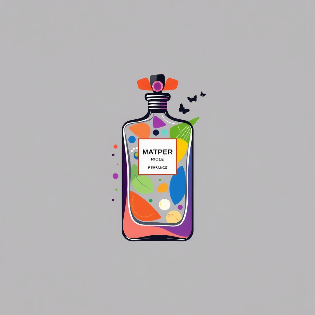 A stylized graphic of a perfume bottle transforming into a human silhouette. The silhouette is made up of various fragrance notes and abstract shapes, representing the complexity of scent and personality. The color palette is vibrant and dynamic. The overall style is modern and playful. Technical Specs: 4K, digital art, high-resolution.