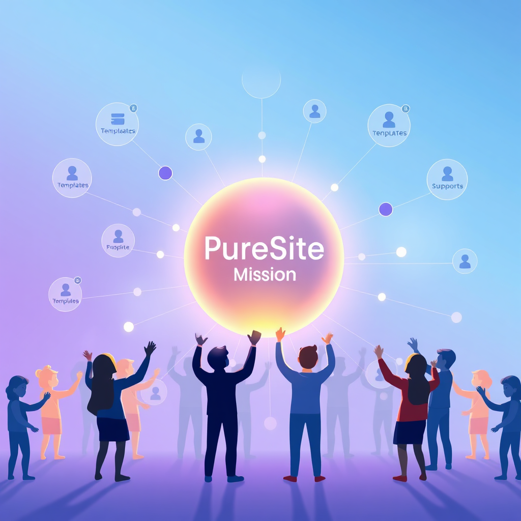A stylized, high-quality 4K image representing the PureSites mission. The visual features a central glowing sphere symbolizing a website, surrounded by interconnected nodes representing users, templates, and support systems. A diverse group of stylized human figures are reaching towards the sphere, signifying accessibility and collaboration. The background is a soft gradient of blue and purple, representing digital innovation and creativity. Lighting is soft and ethereal, emanating from the central sphere. Camera angle is a slightly elevated wide shot, capturing the entire scene. Texture details are subtle and abstract, emphasizing the interconnectedness of the elements. Style reference: minimalist vector art with a focus on vibrant colors and smooth gradients.