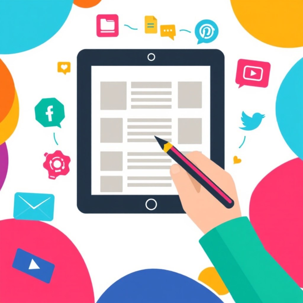 A stylized image depicting a pen writing on a digital tablet, surrounded by various icons representing different types of content – blog posts, articles, social media updates, and videos. The color palette is vibrant and creative, with a mix of bright colors against a clean white background.