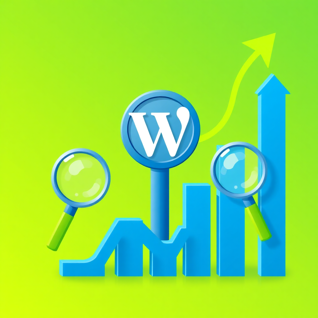 A stylized image depicting a website icon rising through a graph, symbolizing improved search engine rankings. The website icon is surrounded by magnifying glasses, representing search engine optimization efforts. The color palette is bright and optimistic, with greens and blues dominating.
