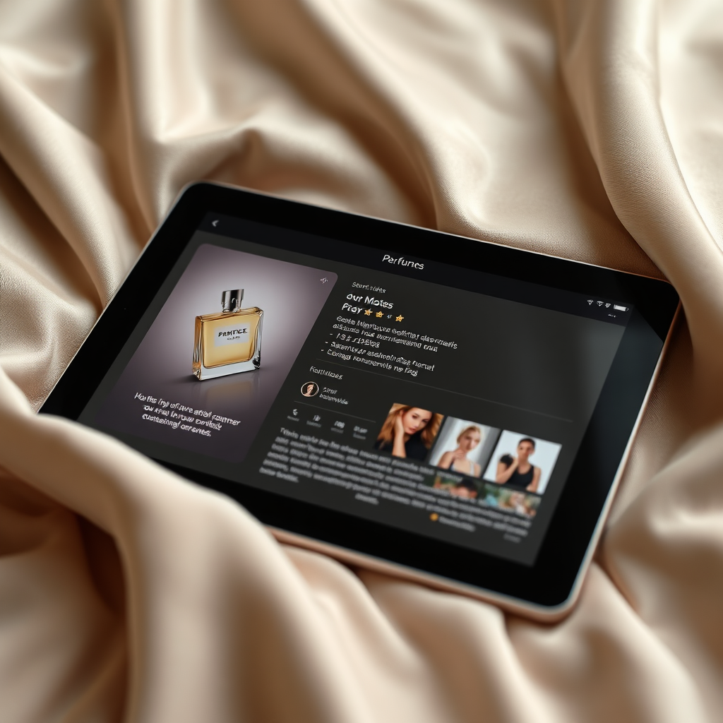 A tablet displaying a perfume product page with detailed information, including scent notes, customer reviews, and high-resolution images of the bottle. The tablet is resting on a luxurious fabric. Lighting is soft and focused on the screen. The overall feel is informative and inviting. Technical Specs: 4K, crisp details, photorealistic rendering of the screen.