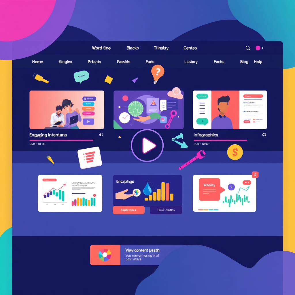 A vibrant and dynamic image depicting various forms of engaging content – video, infographics, interactive elements – all seamlessly integrated into a website design. The scene is energetic and visually appealing. The color palette is bright and modern.