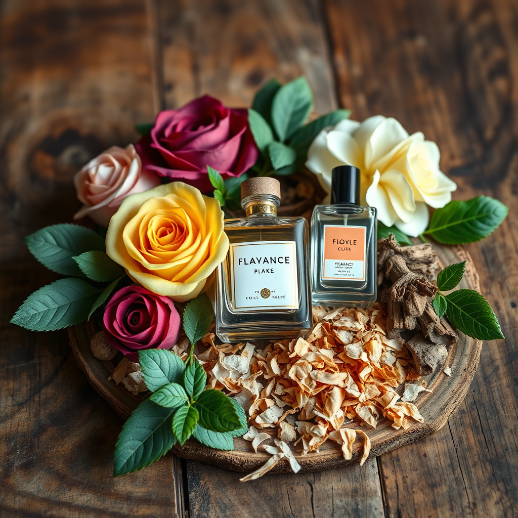 A visually appealing arrangement showcasing different fragrance families. Each family (floral, woody, oriental, fresh) is represented by relevant ingredients or objects (e.g., roses for floral, wood shavings for woody). The arrangement is artfully composed on a rustic wooden surface. Lighting is warm and natural. Technical Specs: 4K, photorealistic, detailed textures.