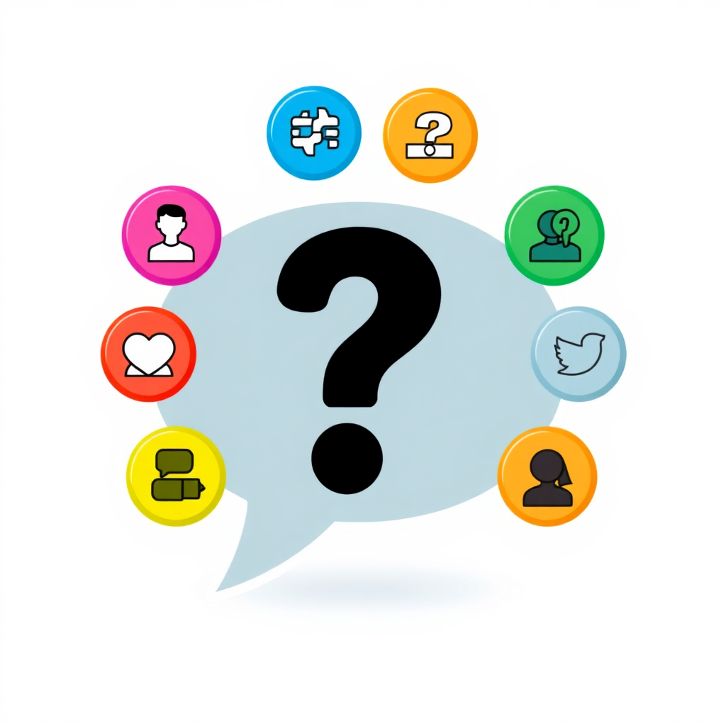 A visually appealing graphic of a question mark inside of a speech bubble. Around the bubble are small icons of different subjects. The image should have a bright and clean color scheme that is inviting and user-friendly. The goal is to represent an FAQ section and quickly provide answers.