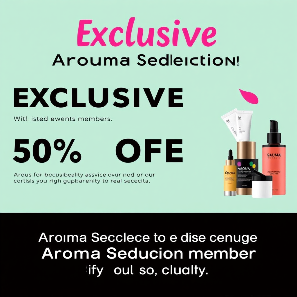 A visually appealing graphic showcasing exclusive discounts and offers for Aroma Seduction members. The graphic includes bold typography, vibrant colors, and enticing imagery of beauty products. The design is clean and modern, with a clear call-to-action. 4K resolution, high quality.
