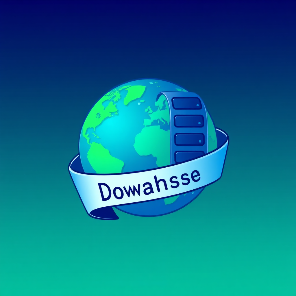 A visually appealing illustration depicting a globe encompassed by a stylized server rack with a domain name banner wrapped around it. The colors are predominantly blue and green, with subtle glowing effects. The illustration should convey the idea of a seamless integration of hosting and domain services. The style should be modern and clean, suitable for a tech company. The background is a gradient from dark blue to light blue.